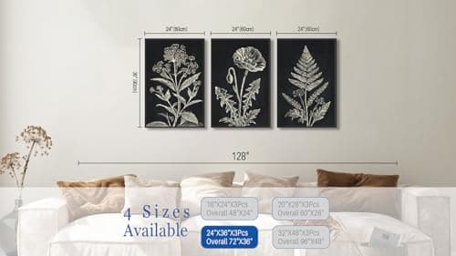 Large Framed Botanical Wall Art, Minimalist Floral Canvas Prints, Black and White Farmhouse Plant Artwork Flower Pictures for Living Room Bathroom Bedroom Office Décor 24"x36"x3Pcs - Thumbnail 6