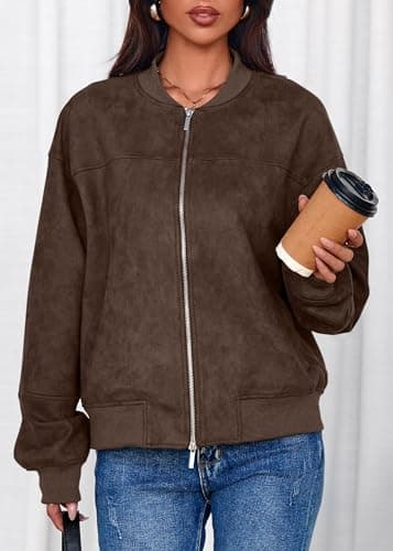 Lazysmile Women's Faux Suede Bomber Jackets Fall Fashion Outfits Winter Clothes Stand Collar Zip Up Coats Outwear with Pockets - Thumbnail 4
