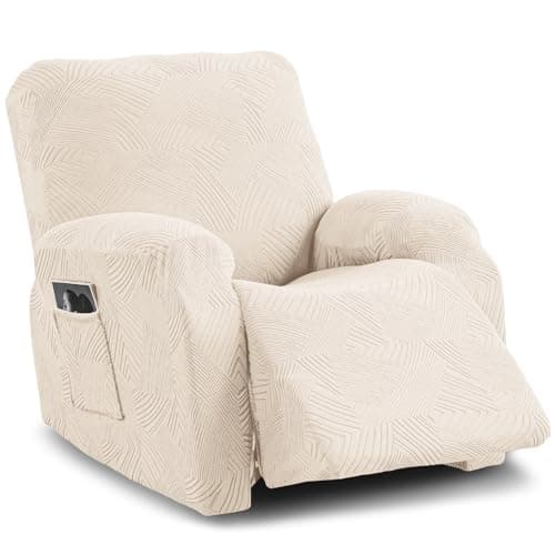 Cushonix Recliner Chair Covers,4-Piece Stretch Geometric Strokes Jacquard Reclining Chair Slipcovers,Furniture Protector with Side Pocket,Soft Breathable Couch Cover Pet-Friendly,1 Seater Beige - Image 1
