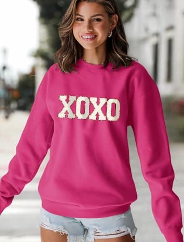 MAPICK Oversized Sweatshirt for Women Letter Printed Hugs and Kisses Sweaters Crewneck Long Sleeve Pullover Tops(Rose Red,Small) - Thumbnail 3