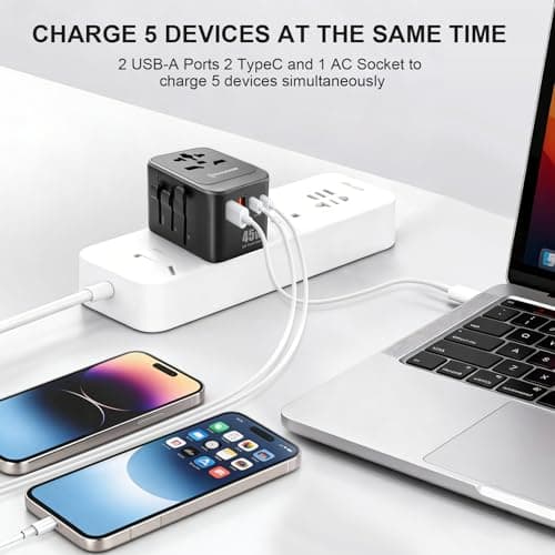 Realmade 45W Universal Travel Adapter with PD Fast Charging，lnternational Power Adapter 5-Port (1 AC/2 USB-A/2 USB-C) European Travel Plug Adapter, Travel Essentials (Black Gray) - Thumbnail 6