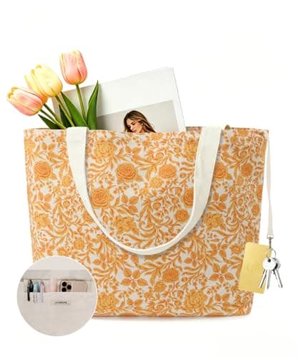 J.Corrine Vintage Burnt Orange Rose Canvas Tote Bag - Large Aesthetic Zippered Shoulder Bag with Inner Pocket & Key Hook - Handbag for Work, School, Travel - Image 1