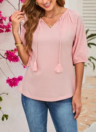 Dokotoo 3/4 Sleeve Shirts for Women Trendy Tie Front V Neck Womens Boho Tops Casual Waffle Knit Blouse Summer Embroidered Hollow Out Sleeve Tunic Tops for Women Loose Fit Dressy Gossamer Pink Medium - Thumbnail 4