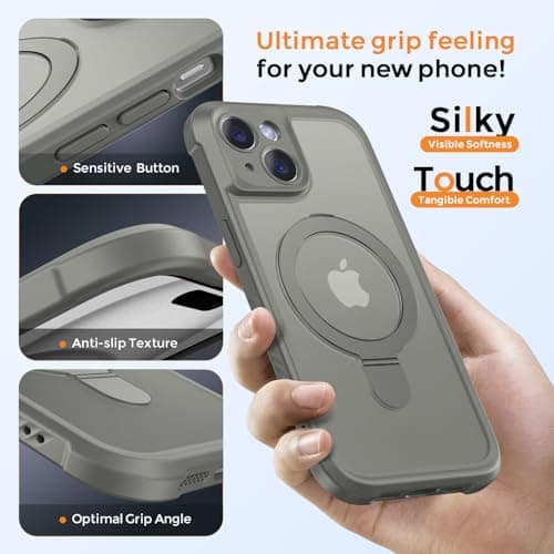 MOCCA Design for iPhone 15 Case with Magnetic Invisible Stand [Full Camera Protection] [Compatible with Magsafe] Military Drop Shockproof Translucent Matte Phone Case Cover 6.1",Titanium Gray - Thumbnail 6