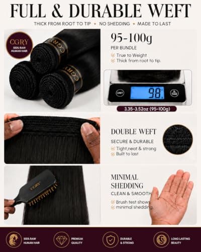 CGRY 18A Raw Indian Straight Human Hair 3 Bundles, Premium 100% Unprocessed Virgin Hair Extensions, Thick Full Ends, Natural Black Silky Soft, Luxury Reusable 28 30 32 Inch - Thumbnail 4
