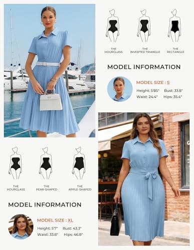 GRACE KARIN Women 2026 Summer Business Shirt Dress,Short Sleeve Collared Neck Button Midi Dresses,Pleated Casual Dresses Light Blue XL - Thumbnail 4