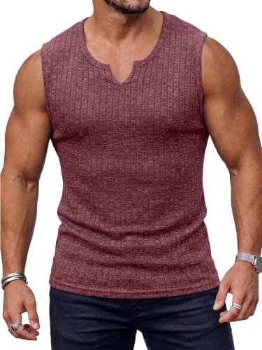 JEMLDL Men's Fashion Tank Tops Muscle Sleeveless Knit Ribbed V Neck Casual Shirts Stylish Party Gym Tee Wine Red M - Image 1