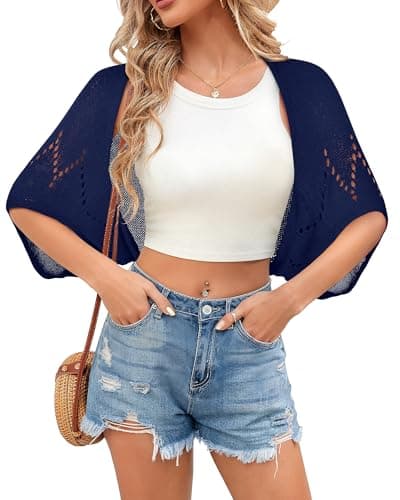 BB&KK Women's Summer Batwing Cardigans Open Front Hollow-Out Knit Cropped Short Sleeve Shrugs Sweater Navy Blue S - Image 1