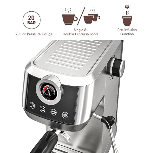 wirsh Espresso Machine, 20 Bar Semi-Automatic Espresso Maker with Pressure Gauge, Steam Wand, Stainless Steel Expresso Coffee Machine for Espresso/Latte/Cappuccino, Touch Screen,Home Barista Plus - Thumbnail 3
