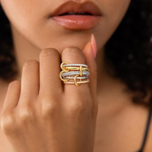 Eaciy Gold Stackable Rings for Women, 18k Gold Plated Cubic Zirconia Rings, Silver Gold Multi Ring Mixed Metals Stackable Ring Set for Women Non Tarnish Size 10 - Thumbnail 3