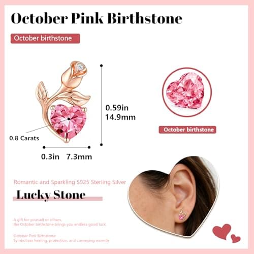 JACUPO 0.8CT Rose Heart Earrings Option of Sapphire Moissanite Stud Earrings Lab-Grown Earrings Birthstone Earrings for Women S925 Sterling Silver Post D Color VVS1 Clarity Ideal Gift for Wife Mother for Birthday Anniversary Valentine's Day Conveying I Love You Message (Oct Pink Rose Gold) - Thumbnail 2