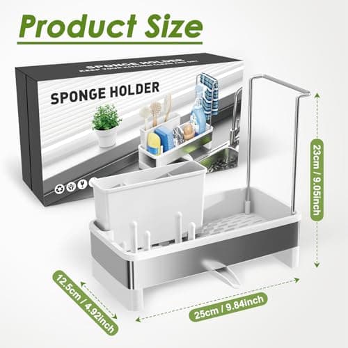 Ewaiira Stainless Steel Sink Caddy, Sponge Holder for Kitchen Sink with Brush Holder & Dishcloth Rack, Rustproof Organizer Countertop, Soap Dispenser Kitchen Organizers Storage Essentials, White 9.8″ - Thumbnail 2