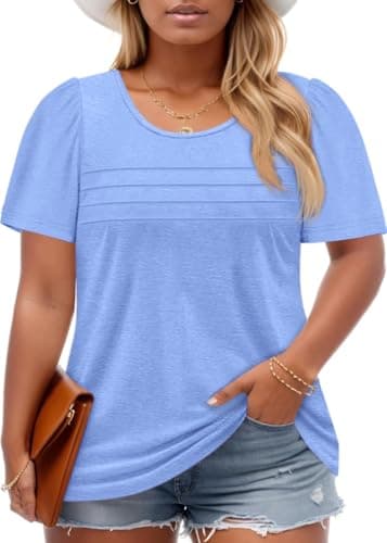 Imily Bela Womens Plus Size Tops 2025 Dressy Casual Short Sleeve Tunic Summer Crew Neck Flowy Pleated Tees Baby Blue - Image 1