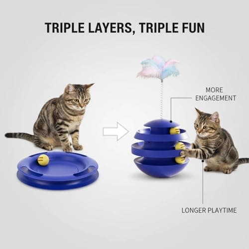 BeSpace Cat Toys for Indoor Cats, Interactive Cat Toy Feather for Indoor Adult Cats Self-Play Durable 3-Layer Cat Ball Track with 360 Degree Rotating Ball to Reduce Boredom & Anxiety (Blue) - Thumbnail 4