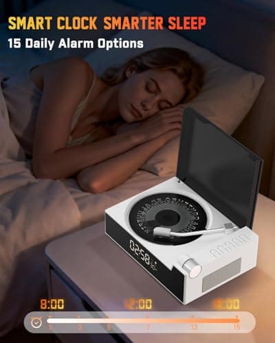 Qobayleo 9-in-1 Portable Retro CD Player for Home with Built-in Hi-Fi Dual Stereo Speakers, Bluetooth, FM Radio, Remote Control & Timer, LED Display, Support USB/AUX/Type-C, Festival Gift, White - Thumbnail 6