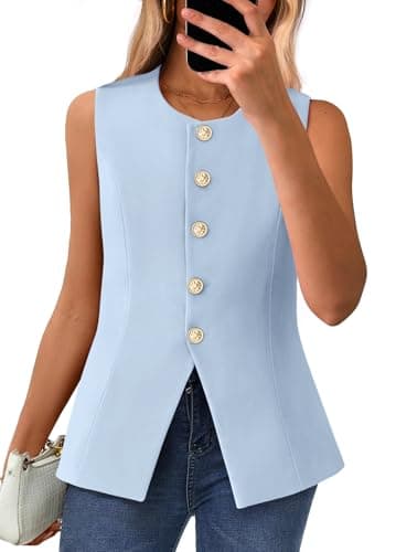 BTFBM Summer Sleeveless Blazer Vest For Women Dressy Button Down Round Neck Business Casual Outfits Work Suit Vests Tops(Light Blue, Small) - Image 1