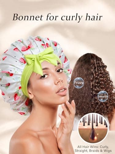 Vettres Floral Satin Bonnet For Sleeping Women Double Layer Pleated Design Adjustable Shower Cap For Curly Hair Black White Stripes - Thumbnail 3