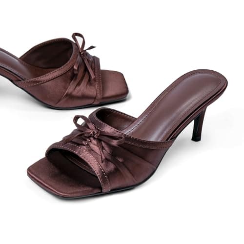RUSAUISE Brown Stiletto Heels Mules for Women Slip On Bow Heels Sandals Square Toe Middle Heeled Wedding Party Dressy Shoes Satin Size 7.5 - Thumbnail 3