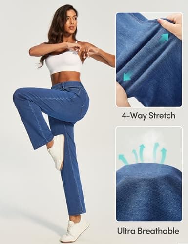 IUGA Straight Leg Jeans for Women Stretchy Pull On Sweatpant Jeans Women High Waisted Bootcut Jean Trendy Denim Pants Light Blue - Thumbnail 4