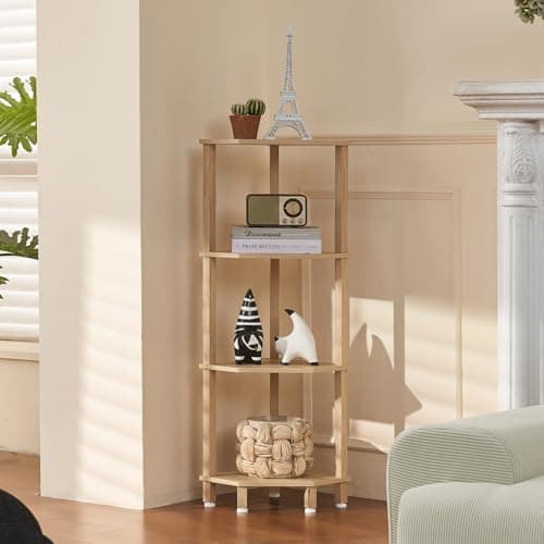 YUFAM 4-Tier Corner Shelf with Sturdy 5-Leg Base, 41in Tall Narrow Bookcase for Small Spaces, Wooden Plant Display Shelf, Thin Bookshelf for Living Room, Bedroom, Office, Natural - Image 1