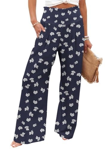 GEMLON Womens Wide Leg Pants High Waisted Palazzo Pants Flowy Lounge Trousers Boho Pants with Pockets Blue Print S - Image 1