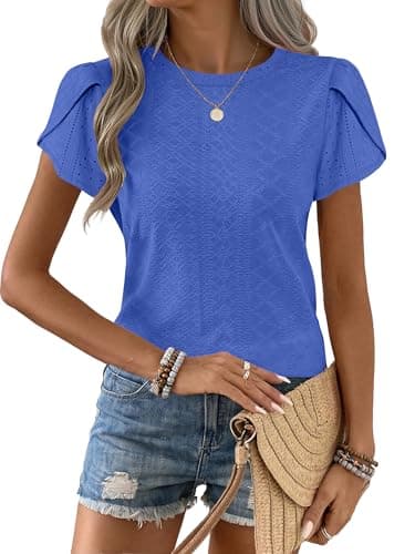 ANRABESS Womens Tops Summer Eyelet Petal Short Sleeve T Shirts Dressy Casual Blouses Ladies Basic Tees 2026 Spring Clothes Royal Blue X-Large - Image 1