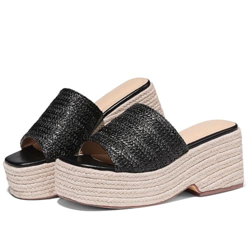 EQAUDES Summer Platform Wedge Sandals Comfortable Dressy Sandals Black Espadrille Sandals for Women Cute Beach Vacation Sandal Woven Straw Raffia Sandal - Image 1