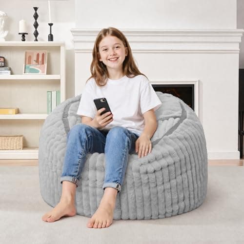 HABUTWAY Bean Bag Chair 2FT Bean Bag Chairs with Memory Foam Filled,2' Small Comfy Beanbag Chair with Soft Faux Fur Cover,Comfy Bean Bag Sofa for Classroom,Living Room,Game Room,Bedroom-Light Grey - Thumbnail 4