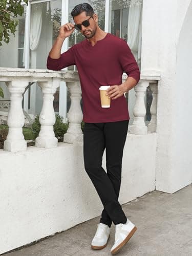 Hardaddy Men's V Neck Long Sleeve Ribbed Casual T-Shirt Classic Basic Solid Tee Shirts Wine Red XXL - Thumbnail 5