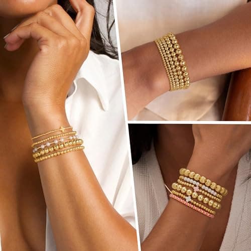 Yoosteel Gold Beaded Bracelets Set for Women - Valentines Gifts for Her Kids 14k Gold-Plated Dainty Round Bead Cross Pearl Bracelet for Women Teenage Girl Gifts Stackable Bracelet Jewelry 5 PCS - Thumbnail 4