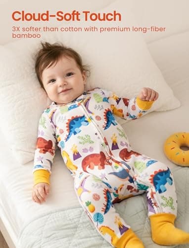 PATPAT Baby Pajama with Bamboo Viscose, Footie Jumpsuit Romper with 2-Way Zipper for Baby Boy Girl Toddler Sleeper Sleepwear, Dino Vibrant, Baby:6-9M - Thumbnail 3
