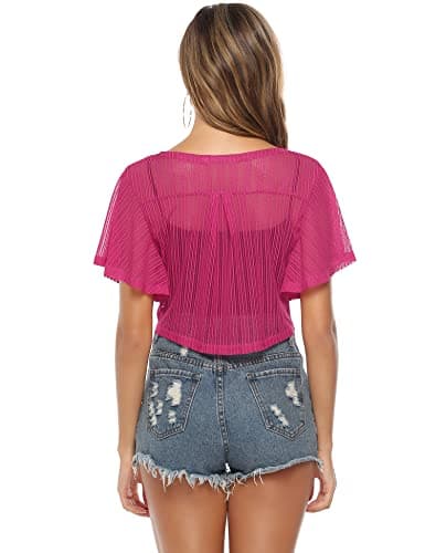 iClosam Women Sheer Shrug Tie Front Short Sleeve Cropped Bolero Shrug Cardigan Rose Red - Thumbnail 5
