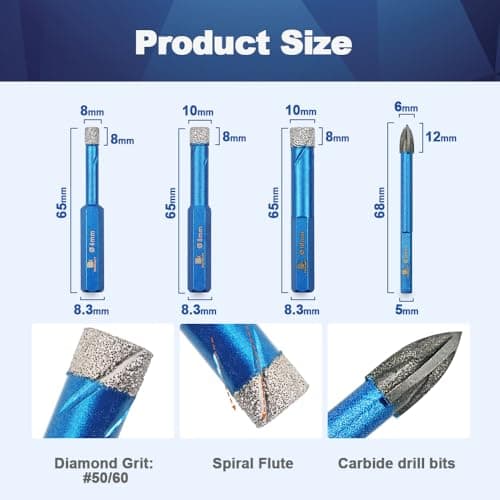 Diamond Drill Bit - BRSCHNITT 1/4 * 3、5/16、3/8+1/4Inch Masonry Drill Bits Set for Porcelain Tile Ceramic Stone Granite Marble,Hex Shank Diamond Hole Saw Drill Bit(6pcs/Pack) - Thumbnail 2