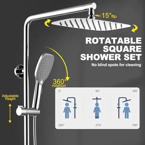 Rain Shower System with Shelf, 12 Inch Rain Shower Head Set with Hand Shower Head, SonTiy Dual Shower Combo with Height Adjustable Holder, Brass Valve, Chrome - Thumbnail 6