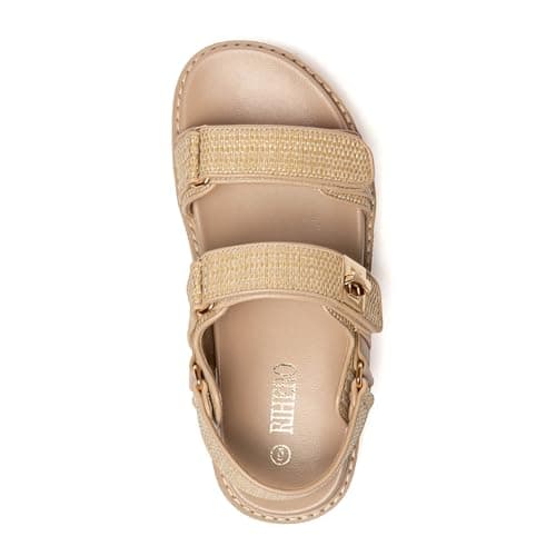 Rihero Raffia Platform Sandals Women Comfortable Open Toe Flat Sandals Summer Cute Straw Espadrille Sandals with Back Strap Size 9.5 - Thumbnail 5