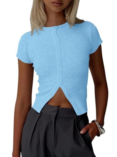 Imily Bela Womens Short Sleeve Sweater Tops Summer Button Down Casual Ribbed Knit Slim Fit Cropped Cardigan Shirts Sky Blue - Image 1