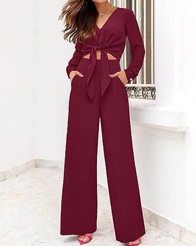 PRETTYGARDEN Women's 2 Piece Outfits 2026 Spring Fashion V Neck Long Sleeve Strappy Crop Top Wide Leg Pant Lounge Sets(Wine Red,X-Large) - Thumbnail 6