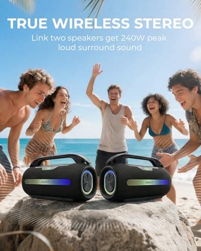 havit 120W Loud Bluetooth Speaker with Deep Bass, IPX6 Waterproof Outdoor Party Speaker, RGB Lights, 12H Playtime, TWS Pairing, Portable Speaker for Beach, Camping, Backyard - Thumbnail 3