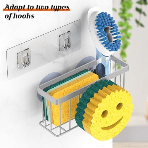 MURLONG Sponge Holder Smiley Face,Sink Caddy,Kitchen Organizer with 2 Suction Cups/1 Adhesive Strips,Designed for Sponge,Soap,Dish Brush,Scrubber - Gray - Thumbnail 3