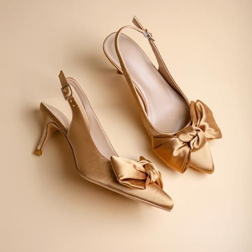 RUSAUISE Tan Kitten Heels Women Closed Pointed Toe Bow Pump Shoes Slingback Dressy Comfortable Low 2 Inch Heel Size 12 - Thumbnail 5