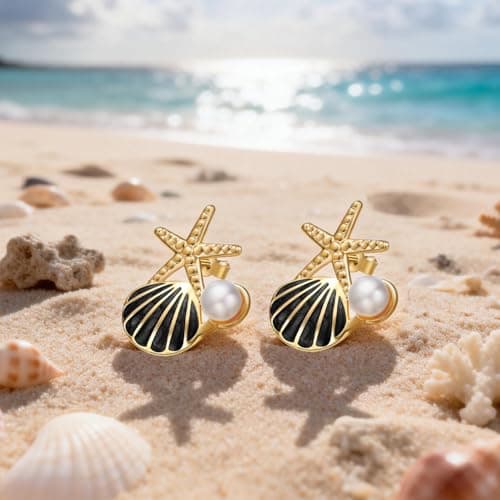 Stainless Steel Starfish & Seashell Summer Beach Earrings for Women, Black - Thumbnail 4