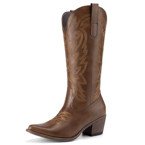 Athlefit Cowboy Cowgirl Boots for Women Fashion Low Chunky Heel Snip Toe Embroidery Western Mid Calf Boots Brown Size 8.5 - Image 1