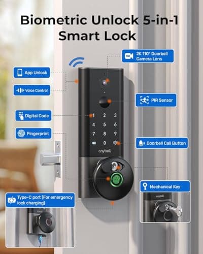 Fingerprint Smart Door Lock, ANYBELL Keyless Entry Door Lock with Camera, Built-in Wi-Fi Deadbolt for Front Door, Auto Lock, Cloudege App Control, Night Vision & Two-Way Audio, Home Security - Thumbnail 6