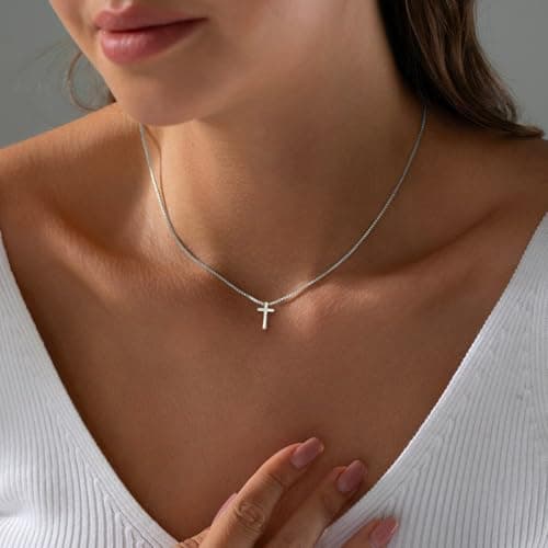 Dodder Silver Cross Necklace for Women Trendy, 14K White Gold Plated Sideway Charm Choker, Religious Faith Cross Pendant Necklace Dainty - Thumbnail 3