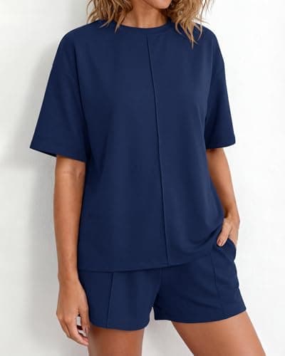 BTFBM Casual 2 Piece Sets For Women Summer 2026 Short Sleeve Tops Shorts Spring Lounge Matching Workout Airport Outfits(Navy Blue,Medium) - Thumbnail 5
