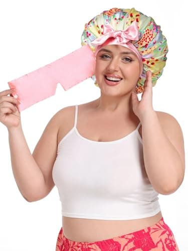 Vettres Double Layer Satin Bonnet for Sleeping with Detachable Eye Mask Adjustable Night Cap for Curly, Natural, Braided Hair Reduces Frizz & Locks in Moisture Yellow Strawberry - Thumbnail 5