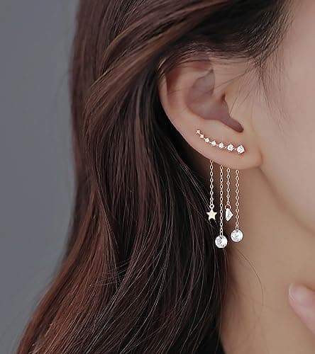 Reffeer Solid 925 Sterling Silver Crawler Earrings Tassel Chain Dangle for Women Teen 7 Crystal Cuff Earrings Climber - Thumbnail 2