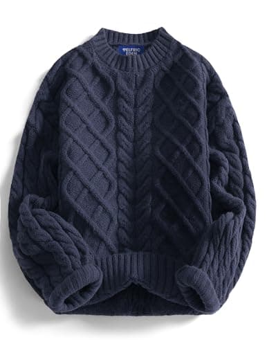 Aelfric Eden Womens Oversized Sweaters 2025 Cable Knit Chunky Sweater Lantern Sleeve Crewneck Pullover Loose Outfits Navy Blue Large