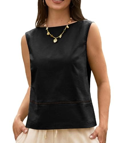 AceNest Cotton Linen Tops for Women Sleeveless Summer Tank Tops Linen Vest Blouses Black S - Image 1