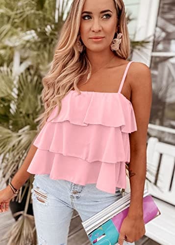 KIRUNDO Spaghetti Strap Ruffle Babydoll Peplum Tank Tops for Women 2026 Summer Cute Flowy Beach Vacation Cruise Outfits(Pink, Large) - Thumbnail 2